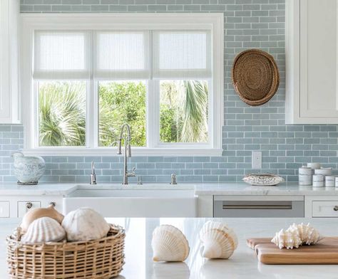 How Blue Backsplash Ideas for White Cabinets Create a Fresh Look • 333+ Inspiring Lifestyle Ideas Beach Kitchen Backsplash, Light Blue Backsplash, Backsplash Ideas For White Cabinets, Coastal Backsplash, Coastal Inspired Kitchens, Blue Backsplash Kitchen, Light Blue Tile, Neutral Cabinets, Coastal Cottage Kitchen