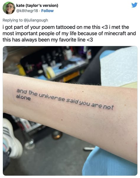 Good for him! #minecraft #endpoem #gaming #gamer #gamingtweets Minecraft Tattoo, Poem Tattoo, Ant Tattoo, Traditional Black Tattoo, Gamer Tattoos, Funky Tattoos, Semicolon Tattoo, Text Tattoo, Gaming Tattoo