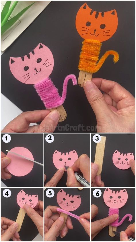 Cute Crafts For Kindergarteners, Pets Craft For Preschoolers, Cat Lesson Plans Preschool, Preschool Crafts Popsicle Sticks, Stick Diy Crafts, Windchime Craft For Kids, Bead Pipe Cleaner Craft, Dog And Cat Crafts Preschool, Little Boy Activities