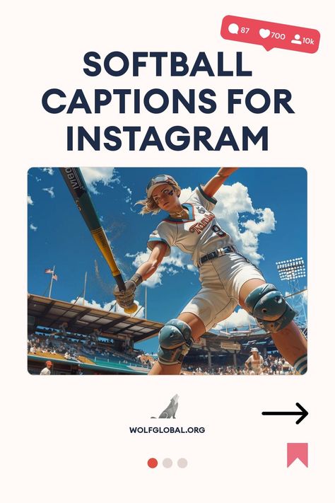 Graphic promoting "Softball Captions for Instagram" with an animated player swinging a bat.
List of playful baseball-themed phrases with checkmarks, a button, and wolf global.org branding.
Promotional image featuring a happy woman with a laptop, advertising a social media engagement service. Softball Captions For Instagram, Catchy Captions, Best Captions, Fly Ball, Clever Captions, Softball Gloves, Home Plate, Game Face, Cool Captions