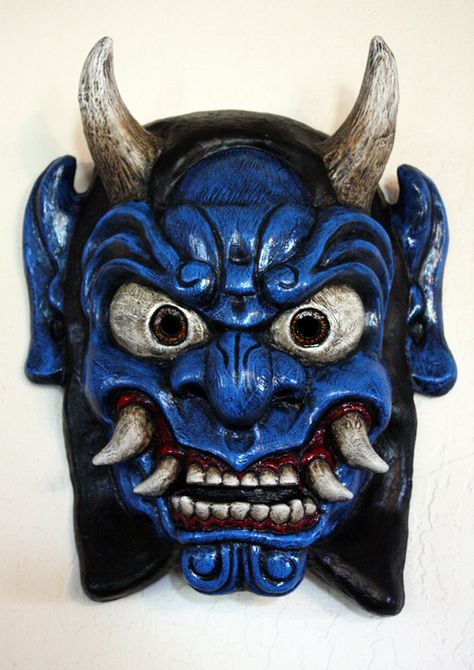 Oni Mask in Blue by Faust-and-Company on DeviantArt Blue Oni, Chinese Demon, Japanese Tattoo Ideas, Oni Masks, Mascara Oni, Chinese Mask, Japanese Oni Mask, Japanese Noh Mask, Japanese Masks