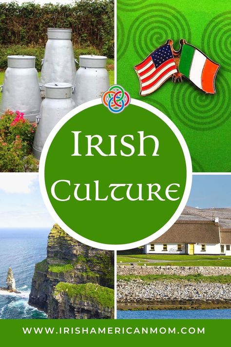 Photo collage featuring milk cans, flag lapel pin, cliffs and a thatched cottage with a text bubble. Irish Wake, Emerald Isle Ireland, Irish Blessing Quotes, Ireland Culture, Irish Independence, Irish Genealogy, Celtic Nations, Irish Language, American Mom