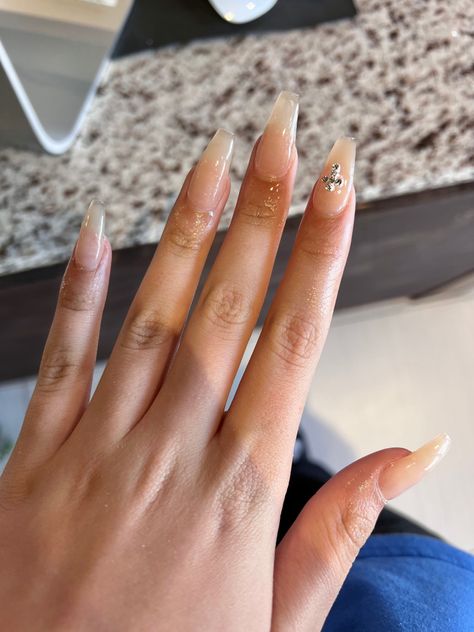 Almond Nails Cross Design, Nails With Little Gems, Natural Acrylic Nails With Gems, Gem Cross Nails, Simple Gem Designs On Nails, Nails Inspiration Cross, Diamond Cross Nails, Nude Gem Nails, Silver Cross Nails