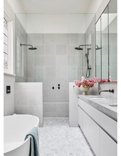 How Jess Dempsey Turned This Run Down Edwardian Into A Luxe Family Home Double Showers, Reece Bathroom, Walker Design, Grey Bathrooms Designs, Ensuite Ideas, Small Bathroom Renovations, Bathroom Ensuite, Double Shower, Master Ensuite