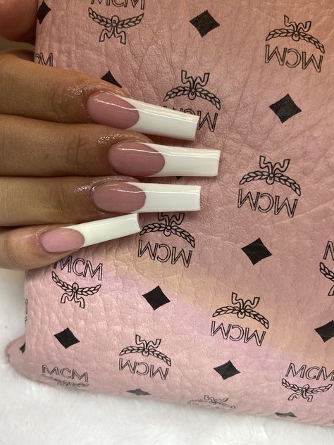 Long Square Acrylic Nails French Tip, Stiletto Nails White, Dahlia Nails, Plain Acrylic Nails, Aqua Nails, Tapered Square Nails, Long Acrylic Nail Designs, White French Tip, Modern Nails