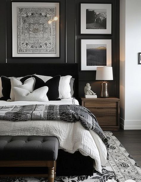 Classic Black And White Bedroom, Off White And Black Bedroom, Black Bedroom Suite, Small Bedroom Ideas Black Furniture, Black Bed Frame Decor Ideas, Black Bed Inspiration, Black And Ivory Bedroom, Bedroom Ideas With Black Bed, Black And White Bedroom Ideas Luxury