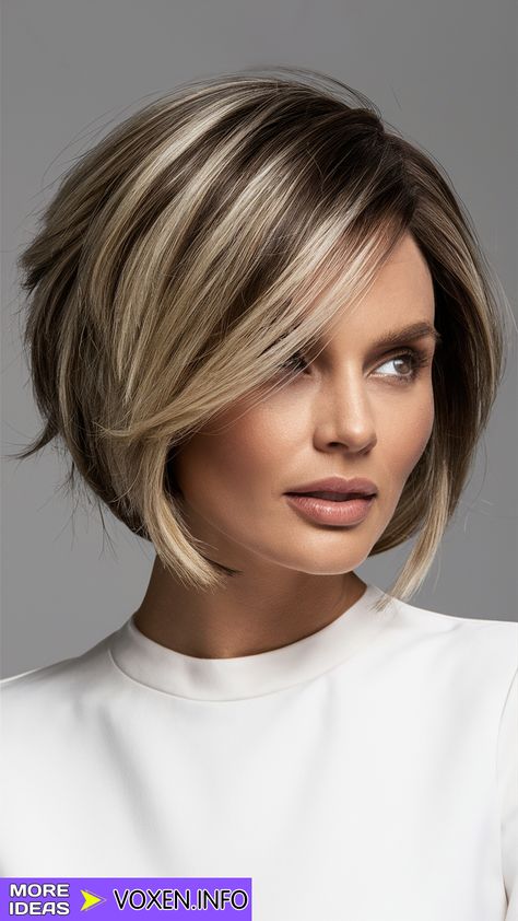 Dark Brown Stacked Bob, Choppy Bob Hairstyles Straight Hair, Wedge Bob Haircut Medium, Deconstructed Bob Haircuts, Balayage Hair For Short Hair, Fall 2024 Bob Haircut, Choppy Bob Hairstyles For Fine Hair Short Styles, Round Bob With Bangs, Short Bobs 2024