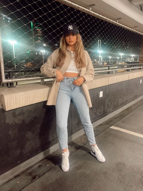 @broganjadesutcliffe Blue jeans, shacket Zara ny hat outfit Ny Hats Outfit, Baseball Cap Formal Outfit, Outfits With Ny Hat, Khaki Yankees Hat Outfit, Khaki Cap Outfit Women, Ball Caps For Women Outfit, Blue Cap Outfits For Women, Blue Shacket Outfit Women, Girls With Caps Outfits