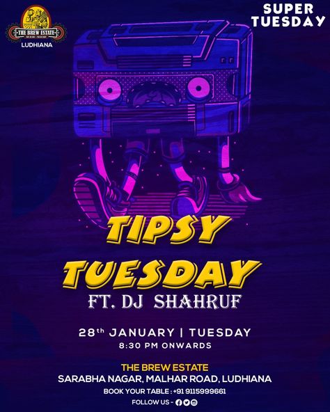 Indulge in Tipsy tales of memorable Tuesday’s and unravel the funkiest beats with DJ Shahruf, only at The Brew Estate. Book Your Table: 9115999661 Address - Sarabha Nagar, Malhar Cinema Road, Ludhiana  #TBE #thebrewestate #livemusic #nightlife #Ludhiananightlife #bar #pub #publife #beer #craftbeer #brewery #microbrewery #brewpub #beerlovers #loveforbeer #cuisine #food #snacks #drinks #cocktails #northindia Tipsy Tuesday, Dance Event, Drinks Cocktails, Food Snacks, Micro Brewery, Brew Pub, Beer Lovers, Craft Beer, Night Life