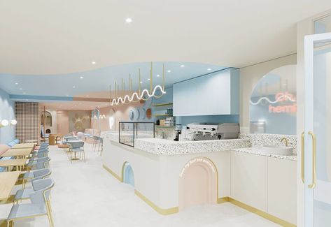 Pastel Cafe Interior Design, Blue Cafe Interior Design, Clouds Interior Design, Pastel Interior Design Cafe, Theme Cafe Interior, Pet Cafe Interior, Pastel Cafe Interior, Blue Cafe Interior, Dog Cafe Design