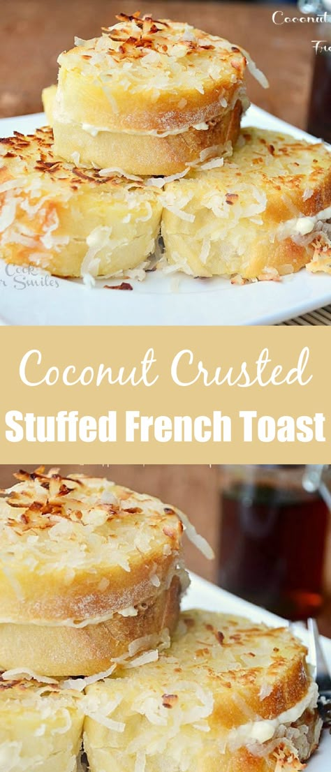 A sweet breakfast recipe for all coconut fans. This Coconut Crusted Stuffed French Toast is stuffed with coconut flavored cream cheese, crusted and toasted in some coconut flakes as well. Good Friday Breakfast Ideas, Stuffed French Toast Filling, Coconut Breakfast Recipes, Coconut Breakfast, Healthy Cream Cheese Breakfast, French Toast Flavors, French Toast Stuffed, Coconut Toast, French Toast Recipe Stuffed