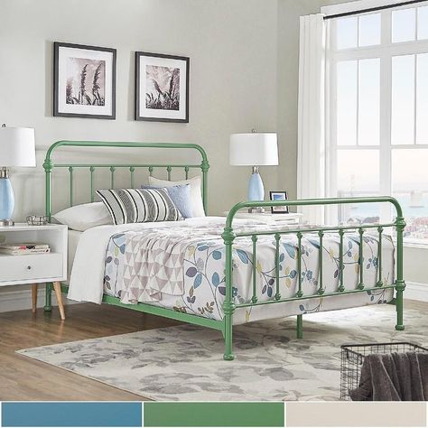 Giselle II Queen Metal Green Iron Bed Queen Metal Bed, Steel Bed Frame, Bed Color, Smart Bed, Metal Headboard, Steel Bed, Upholstered Panel Bed, Standard Bed, Green Bedding