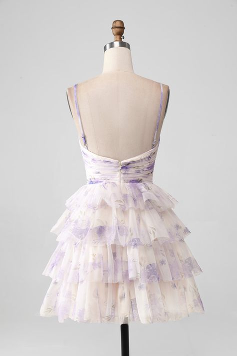 Lavender Flower A Line Spaghetti Straps Tiered Pleated Short Homecoming Dress Purple Prom Dress Short, Black Lace Formal Dress, Wedding Lavender, Black Lace Evening Dress, Lavender Prom Dresses, Red Lace Prom Dress, Burgundy Homecoming Dresses, Printed Prom Dresses, Lovely Partner