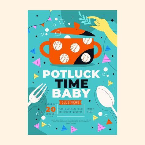 Potluck Illustration, Party Poster Design Ideas, Potluck Images, Party Poster Design, Potluck Invitation, Poster Design Ideas, Potluck Party, Stock Portfolio, Baby Club