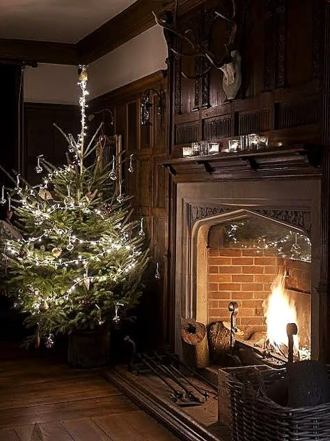 Christmas Tree Inspiration Simple, Old Fashion Christmas Tree, Christmas Cozy, Christmas Cottage, Cosy Christmas, Christmas Interiors, Christmas Tree Inspiration, Open Fire, Christmas Fireplace