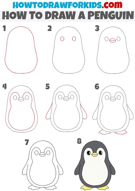 How to Draw a Penguin - Easy Drawing Tutorial For Kids Drawing A Penguin, Penguin Drawing Cartoon, Cute Easy Penguin Drawings, Draw Penguin Easy, How To Draw A Cute Penguin, Penguin Drawing Easy Step By Step, Penguin Drawing Christmas, Drawing Ideas Easy Doodles Step By Step, How To Draw Penguin