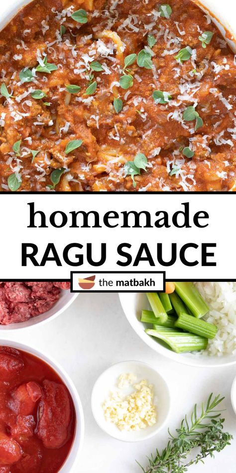 This slow-simmered homemade ragu sauce is made with ground beef, chopped onions, minced garlic, canned San Marzano tomatoes, celery, carrots, and fresh herbs. This delicious pasta sauce is freezer-friendly and packed full of veggies. Ground Beef Ragu, Homemade Ragu, Ragu Spaghetti Sauce, Italian Ragu, Homemade Ground Beef, Slow Cooker Meat, Italian Meat Sauce, Ragu Sauce, Marzano Tomatoes