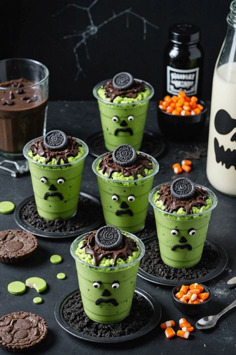 A photo of a  Frankenstein Pudding Cups which is a type of halloween snacks for kids Frankenstein Food Halloween, Frankenstein Treats Halloween, Halloween Cup Dessert, Halloween Pudding Cups Ideas, Halloween Food Crafts For Kids Easy, Pudding Cups Halloween, Halloween Party Kids Food, Halloween Snacks For Party Kids, Halloween Kids Food Ideas