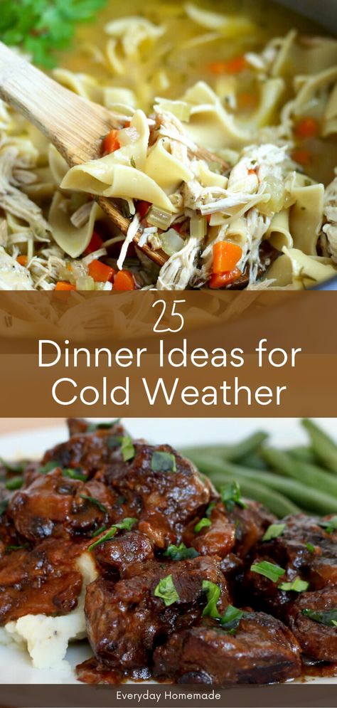 Indulge in 25 cozy dinner ideas for cold weather! These easy and quick recipes are perfect for winter nights, offering comfort foods that warm you up on chilly evenings. From hearty stews to soul-soothing casseroles, discover a variety of comforting dishes to make your winter dinners memorable. Cold Rainy Day Recipes, Dinner Ideas Cold Weather Comfort Foods, Cold Rainy Dinner Ideas, Warm Winter Dinner Ideas, Winter Dinners Comfort Foods, Easy Cold Night Dinners, Winter Dishes Comfort Foods, Cold Weather Food Recipes, Comfort Foods Cold Weather