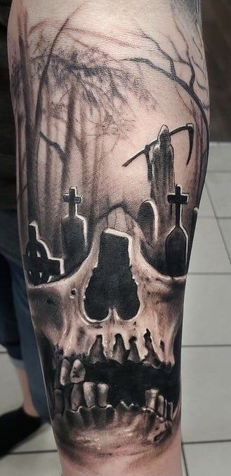 Skull Graveyard Tattoo, Graveyard Scene Tattoo, Graveyard Tattoo Stencil, Cemetary Tattoo Graveyards, Realism Shoulder Tattoo, Grave Yard Tattoos Designs, Grave Yard Tattoos, Reaper Tattoo Stencil, Dark Sleeve Tattoo Men