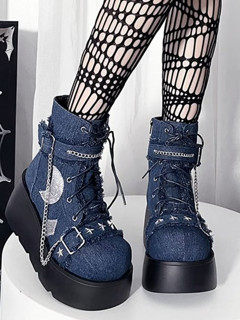 Step into a world of enchantment with these lace-up shoes featuring whimsical details. The laces are adorned with charming faux fur trimmings, adding a touch of softness to the overall design. The toe cap showcases star-shaped studs and a strap with faux fur embellishments, creating a celestial look. Around the ankle, an adjustable buckle strap is decorated with a chain and faux fur, ensuring a secure and stylish fit. A chain links the two buckle straps, enhancing the shoe's unique aesthetic. Additional patches depicting moons and other celestial motifs decorate the shoes, making them truly one-of-a-kind.  Price includes one pair of shoes only.   	 		 			Size 			34 			35 			36 			37 			38 			39 			40 		 		 			Foot Length 			22 			22.5 			23 			23.5 			24 			24.5 			25 		 		 			Heel 			8 Dark Blue Shoes Aesthetic, Moon Outfit Ideas, Shoe Lace Designs, Star Outfit Aesthetic, Platform Boots Aesthetic, Witchy Shoes, Moon Applique, Moon Outfits, Moon Outfit