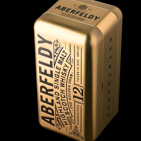 Aberfeldy, the Golden Dram. What better way to gift the iconic malt whisky. It does exactly what it says on the tin! #design… Metal Tin Packaging, Whisky Packaging, Tin Packaging, Vodka Labels, Metal Packaging, Alcohol Packaging, Consumer Packaging, Perfume Packaging, Wine Packaging