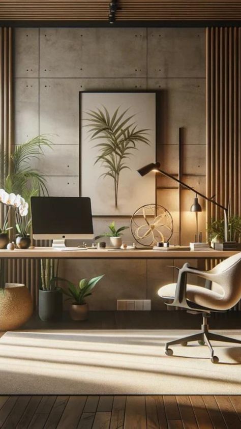 A bali inspired home office Bali Style Home Office, Zen Workspace, Bali Inspired Home, Zen Office Space, Calm Workspace, Zen Home Office, Guest Bedroom And Office, Japanese Style Interior Design, Zen Office