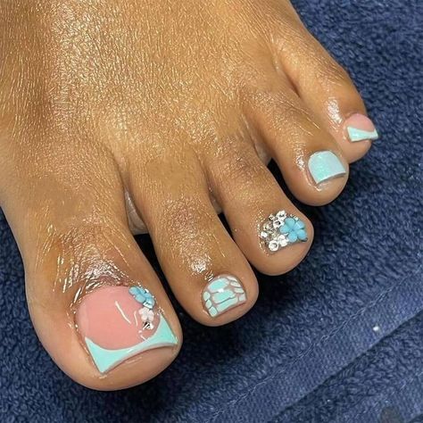 Teal Pedicure Designs, Blue Toe Nails With Design, Teal Toenails, Blue Acrylic Toes, Pampered Princess, Blue Toe Nails, Blue French Tip, Feet Pedicure, Press On Toenails