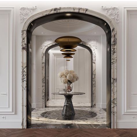 Jenner House, Hotel Lobby Design, Parisian Interior, Classical Interior, Marble Frame, Lobby Interior, Arched Doors, Foyer Design, Lobby Design