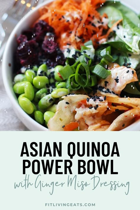 This Asian quinoa power bowl with ginger miso dressing is loaded with nutrients. It's a quick and easy recipe that can be thrown together in less than 20 minutes! https://www.fitlivingeats.com/asian-quinoa-power-bowl-with-ginger-miso-dressing-vegan/ Quinoa Power Bowl, Ginger Miso Dressing, Asian Quinoa, Vegan Honey, Power Bowl Recipe, Ginger Miso, Healthy Asian, Power Bowl, Recipes Asian