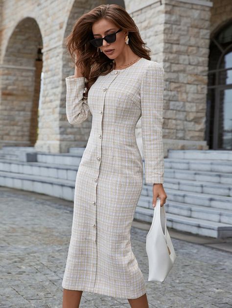 Free Returns ✓ Free Shipping On Orders $49+ ✓. Split Back Button Front Tweed Fitted Dress- Women Dresses at SHEIN. Tweed Dress Outfit Classy, Tweed Dress Winter, Tweed Dress Outfit, White Tweed Dress, Tweed Fashion, Smart Wear, Tweed Outfit, Muslim Fashion Hijab Outfits, Chic Fall Outfits