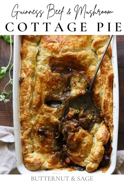 What better way to celebrate March than with this amazing rustic Guinness Beef and Mushroom Cottage Pie?! Packed full of veggies, tender beef and simmered in the most delicious Guinness beer gravy. Beer Gravy, Mushroom Puff Pastry, Beef And Mushroom Pie, Beef Mushroom, Sage Recipes, Mushroom Pie, Mushroom Cottage, Guinness Beer, African Recipes