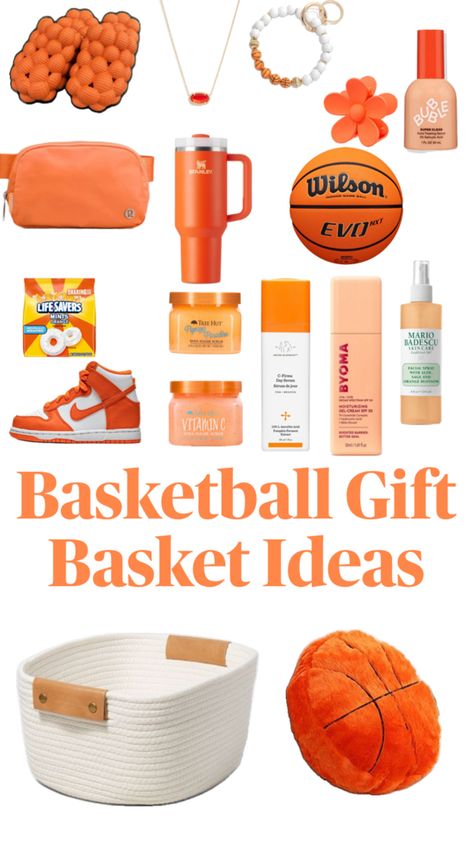 Basketball Gift Basket, Basketball Girl Gifts, Orange Gift Basket, Girls Basketball Gift, Preppy Birthday Gifts, Family Gift Baskets, Basketball Girl, Making A Gift Basket, Perfect Gift Basket