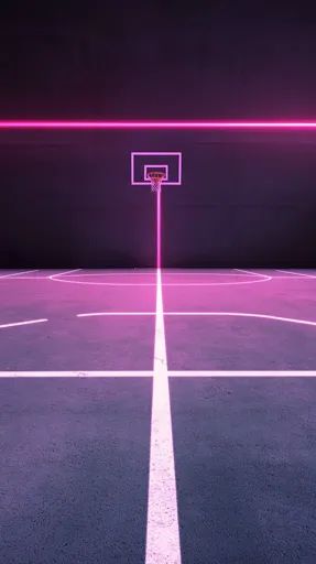 ↑↑↑ Larger size on website 🔸 An empty basketball court with a single hoop at the center. The court is illuminated by a bright pin Black Basketball Court, Colourful Basketball Court, Basketball Court Background, Led Basketball Court, Abandoned Basketball Court, Pink Neon Lights, Neon Lighting, Bright Pink, Basketball Court