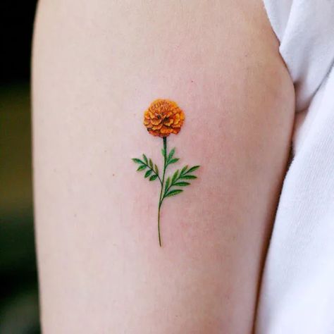 Small Marigold Tattoo, Yellow Flower Tattoo, Yellow Flower Tattoos, Birthday Tattoos, Marigold Tattoo, Mexico Tattoo, 4 Tattoo, Marigold Flower, Classy Tattoos