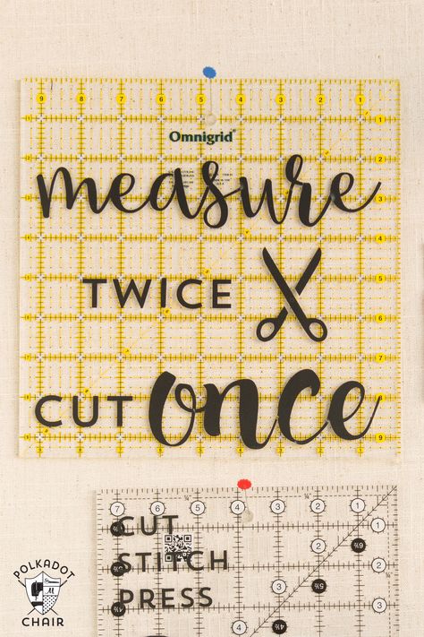 DIY Sewing and Quilting Decals for Quilt Rulers or to use as wall decor in a sewing room {includes link to free svg cut files}; cute sewing room decorating ideas Sewing Room Decorations Ideas Wall Decor, Furniture Decals Sewing Themed, Sewing Room Signs Diy, Prayer Beads Diy, Sewing Room Signs Wall Decor, Quilting Sayings Sewing Humor, Sewing Room Cross Stitch Pattern, Polka Dot Chair, Quilter Gifts