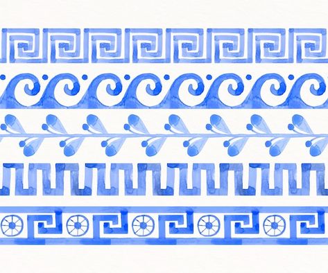 Free vector watercolor greek border | Free Vector #Freepik #freevector #greek-border #greek-frame #frame-set #collection Greek Frame Design, Greek Geometric Pattern, Old Greece Aesthetic, Greek Art Wallpaper, Greek Plants, Greek Mural, Watercolor Frame Border, Greece Moodboard, Greece Pattern