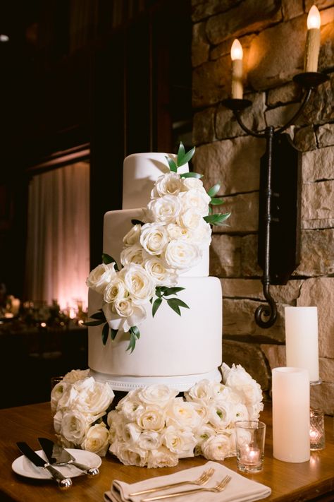 Photo: Sparkle Photography | Florist: Artisan Bloom Naan Photography, Wedding Cake Flowers Cascade, White And Green Wedding Cake, White Rose Wedding Cake, Wedding Cake Flower, Stein Eriksen Lodge, Flower Cascade, Rose Wedding Cake, White Rose Wedding