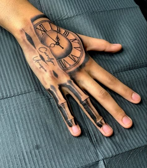 Hood Tattoo For Men Hand, Meaningful Hand Tattoos For Guys, Nothings Forever Hand Tattoo, Raw Hand Tattoos, Skelton On Hand Tattoo Stencil, Trap Tattoos Men Hand, Left Hand Tattoo Men, Hand To Forearm Tattoo, Guy Hand Tattoos