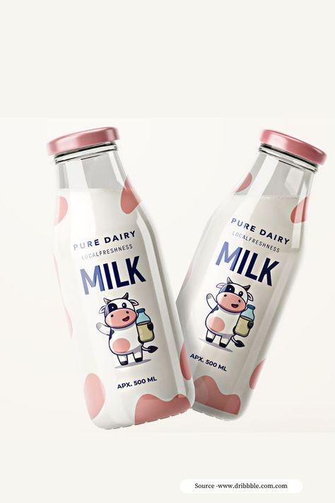 Milk Products Packaging Design, Milk Packaging Ideas, Flavored Milk Packaging, Milk Bottle Label Design, Cute Milk Bottle, Cute Bottle Design, Milk Bottle Packaging, Milk Branding Design, Milk Design Packaging