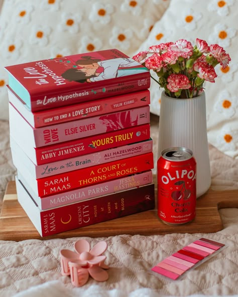 ♥️💋❤️‍🔥🍓🍒🍄 ​ ​red book stack featuring romance books - crescent city, acotar, the love hypothesis, wild love, magnolia parks, love on the brain, yours truly. Bookstagram, book photography, bookish Book Photography Aesthetic, Book Stacks Aesthetic, Book Core, February Reading, House Of Earth And Blood, Love On The Brain, The Love Hypothesis, Love Hypothesis, Magnolia Parks