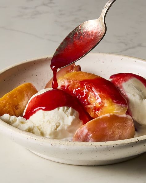 Peach Melba Recipe | The Kitchn Peach Melba Dessert, Peach Melba Recipe, Poached Peaches, Fancy Dinners, British Recipes, Peach Melba, Bbq Dishes, British Desserts, Lemon Ice Cream