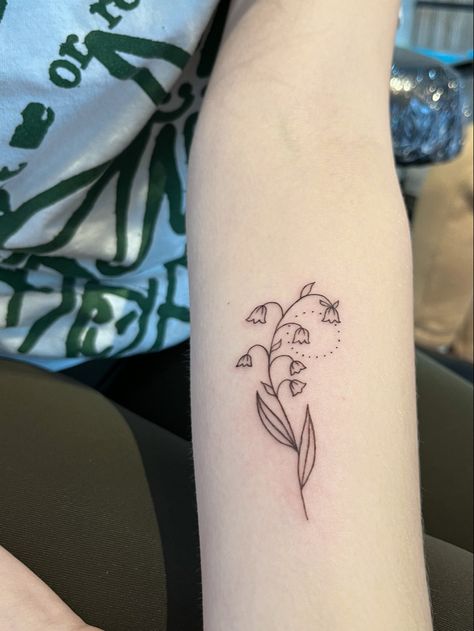 lily of the valley fine line tattoo line art tattoo flower tattoo moon flower new moon dotted tattoo forearm tattoo Dotted Tattoo, Lil Tattoo, Lily Of The Valley Tattoo, Tattoo Line Art, Valley Tattoo, Line Art Tattoo, Flower Tat, Tattoo Moon, Tattoo Line