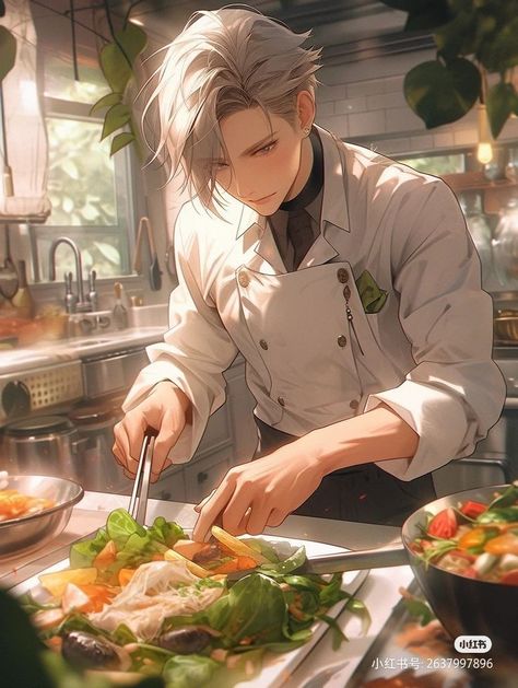 Anime Chef Guy, Chef Character Design, Anime Chef, Eiffel Tower Painting, Anime Long Hair, Dark Souls Art, Fantasy Art Dolls, Dark Anime Guys, Anime Guys Shirtless