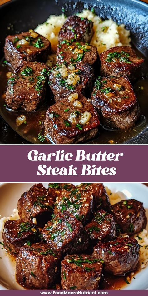 These garlic butter steak bites are the perfect bite-sized indulgence! Tender, juicy pieces of steak are seared to perfection and tossed in a rich, savory garlic butter sauce that adds a burst of flavor. Quick to make and totally addictive, these steak bites are perfect as an appetizer, snack, or main dish. Diy Snack Ideas, Tender Steak Bites, Garlic Steak Bites, Steak Gravy, Outdoor Dining Ideas, Garlic Butter Steak Bites, Comfort Food Healthy, Butter Steak Bites, Steak Dinner Recipes