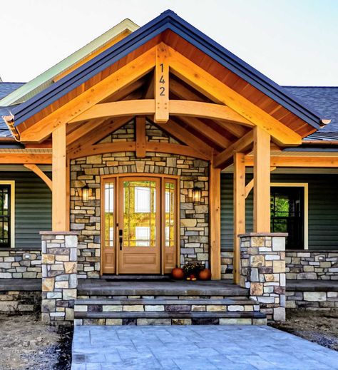 Timber Framed Porch, Timber Frame Deck, Timber Porch, Lakehouse Remodel, Timber Frame Exterior, Cottage Mountain, Porch Gable, Cottage Addition, Timber Entrance