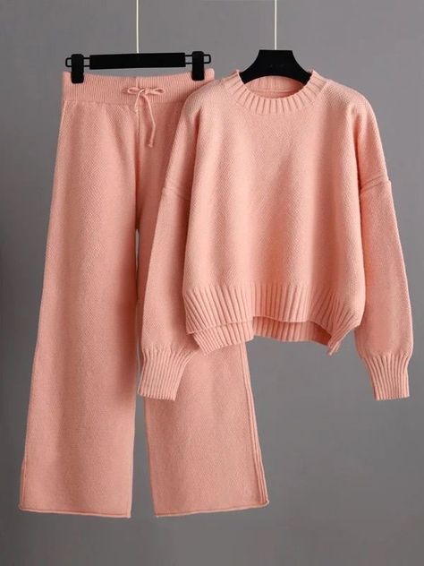 Urban Loose Long Sleeves Solid Color Round-Neck High-Low Sweater Tops & Wide Leg Pants Suits Wide Leg Pants Outfits, Winter Pants Outfit, Wide Leg Pant Suit, Work Pants Women, Leg Pants Outfit, Loose Fit Sweater, Winter Knit Sweater, Estilo Chic, Oversized Pullover