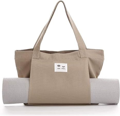 Amazon.com : Canvas Tote Bag with Yoga Mat Carrier Sleeve in Brown : Sports & Outdoors Yoga Tote Bag, Yoga Mat Carrier, Yoga Tote, Pilates Mat, Mat Pilates, Mat Bag, Canvas Tote Bag, Yoga Mat, Canvas Tote