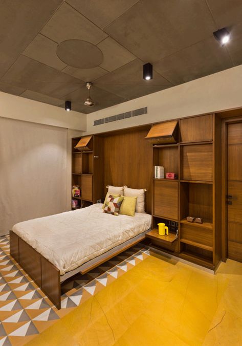 Jaisalmer Flooring, Storage Unit House, Studio Apartment Bed, House Beautiful Kitchens, Apartment Bedding, Indian Interiors, Kitchen Floor Plans, Bedroom Bed Design, Bed In Living Room