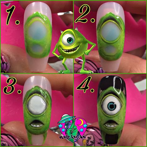 Mike Wazowski Nails, Monsters Inc Nails Design, Nail Art Cartoon Characters, Monsters Inc Nails Acrylic, Monster Nail Art, Monster Inc Nails Design, Monsters Inc Nail Art, Cartoon Character Nails, Character Nail Art Step By Step